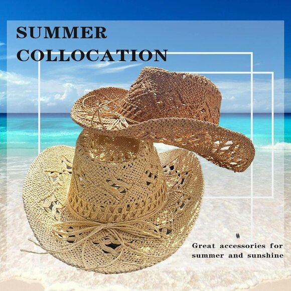Women's Brown Straw Sparkly Western Cowgirl Hat Foldable Vacation Beach Sun Hat - Picture 6 of 6